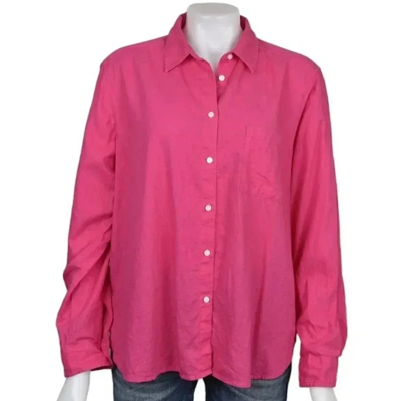 LOFT Linen Blend Button Down Blouse Barbiecore Long Sleeve Size Large - Picture 1 of 11